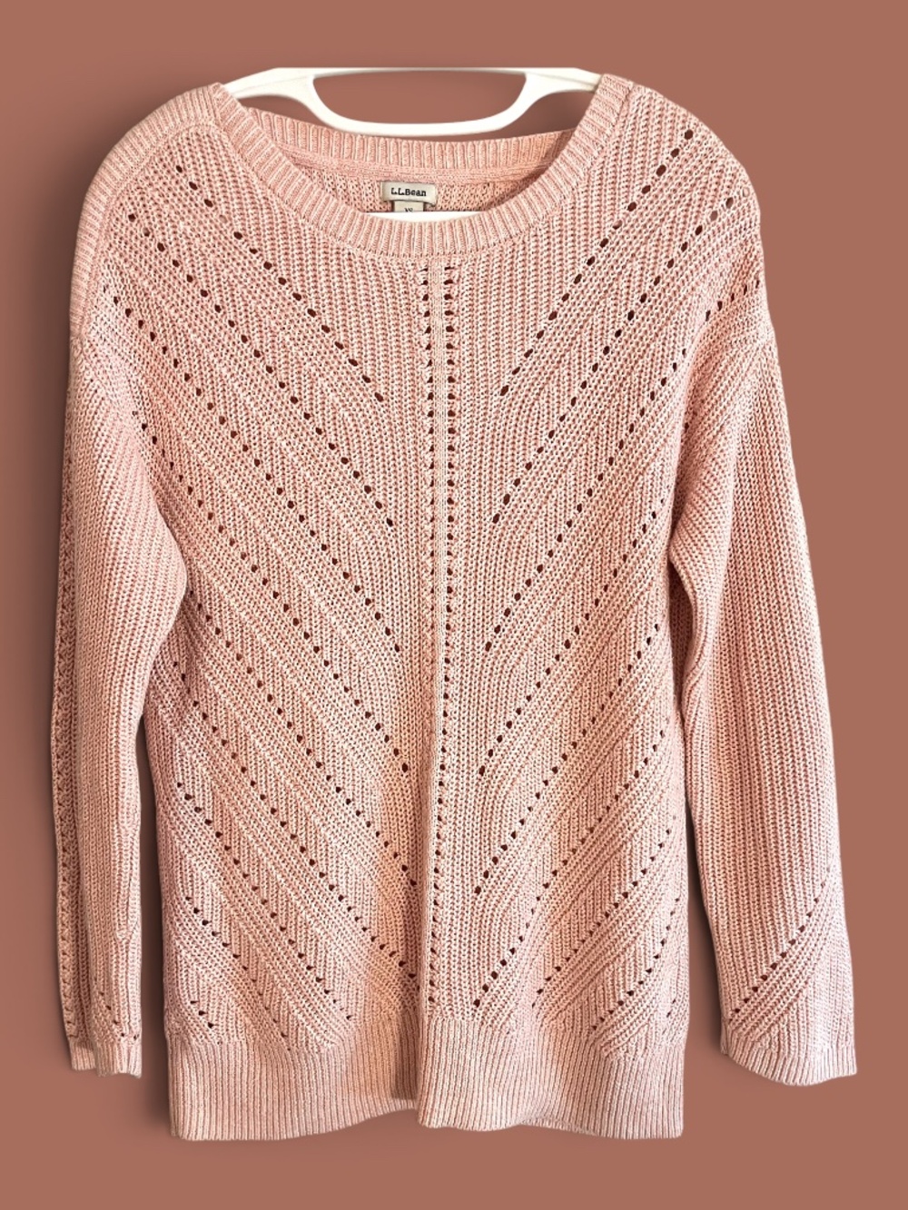 L.L.Bean Pink Linen Cotton Open Stitch Pointelle Sweater Size XS